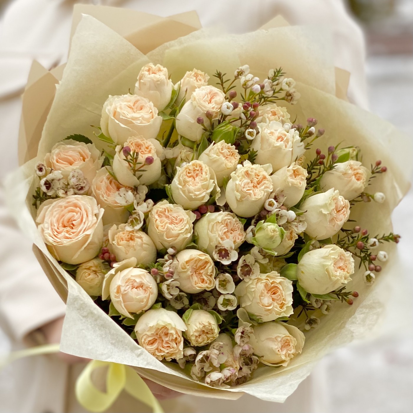 9 кустовых пионовидных роз Саммер с шамелациумом